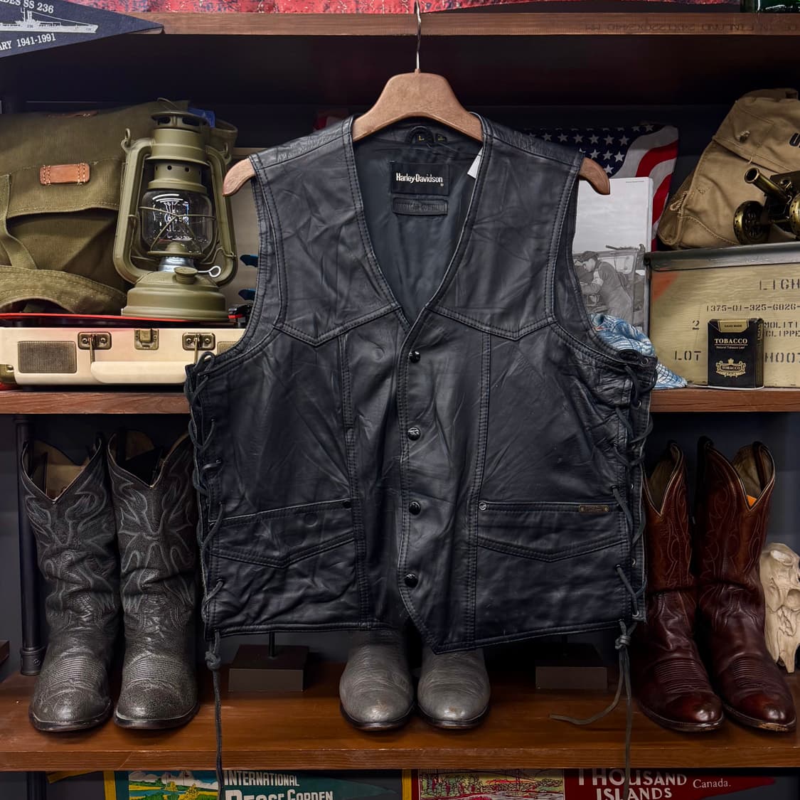 80s 90s 할리데이비슨 후면 빅 로고 바이커 레더 베스트 N229 상품이미지1