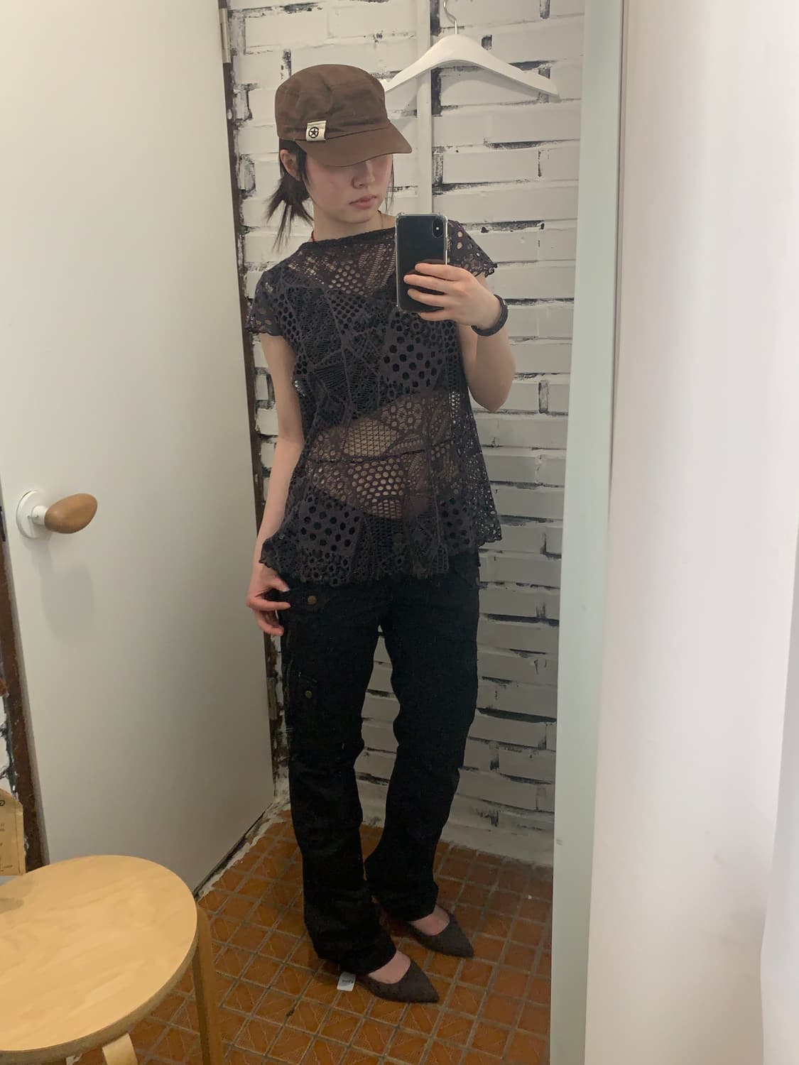Charcoal Lattice Cap Sleeve Top 상품이미지7