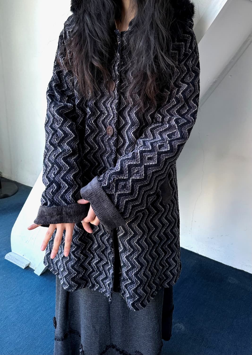 Design knitted fabric 2way hood coat 상품이미지8