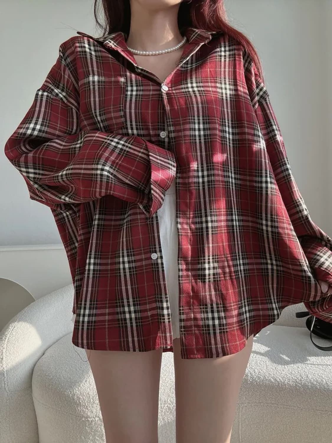 버건디 박시핏 오버핏 체크 셔츠 상품이미지4