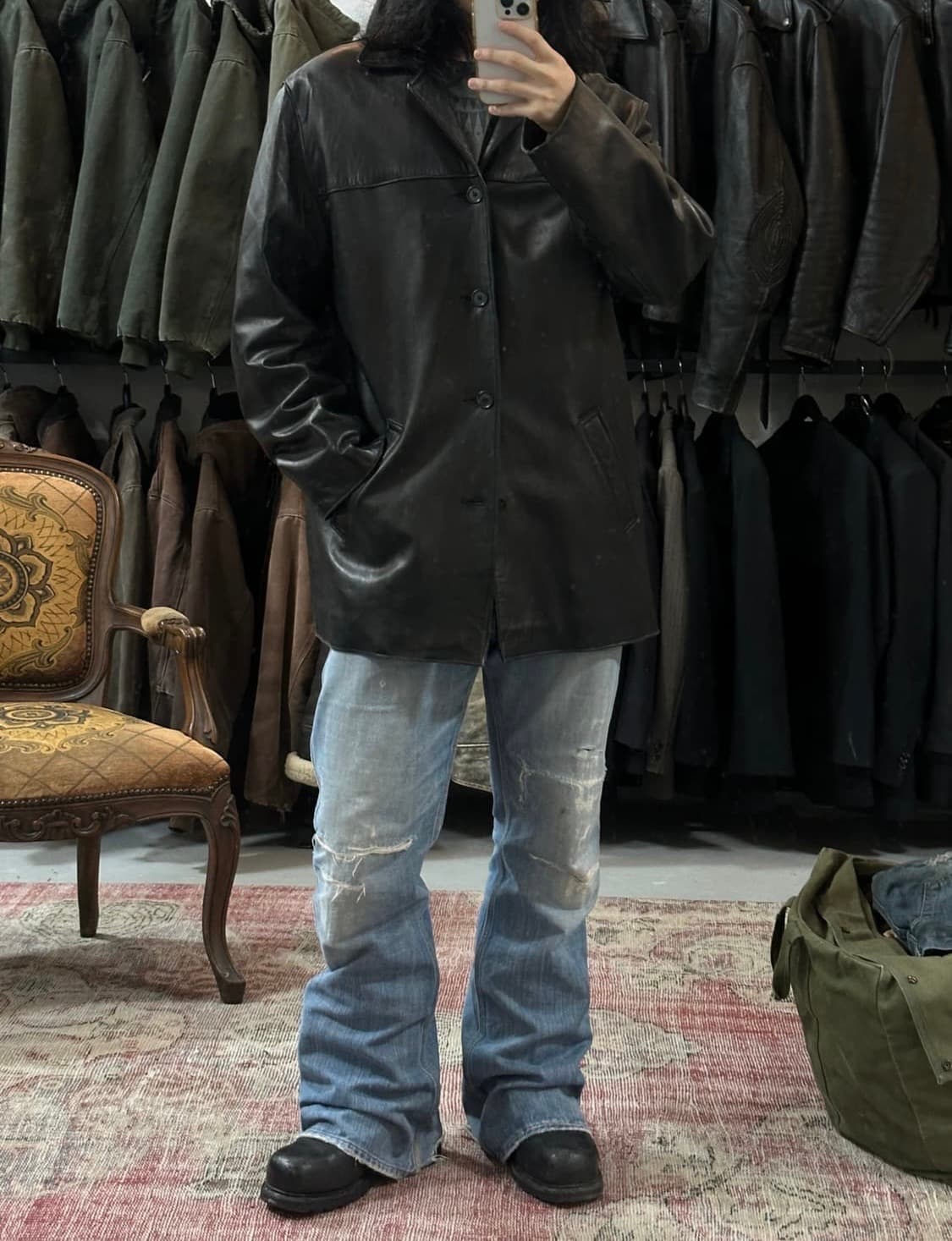 L)90‘s USA made  골든베어 레더 코트 오버사이즈 코트 카코트 상품이미지10