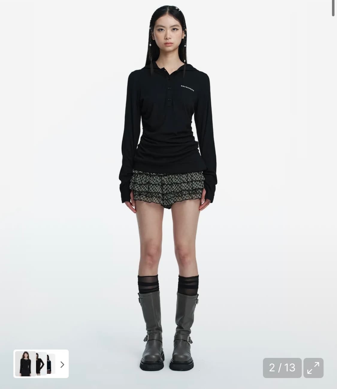 러프넥 헨리 후드 롱 슬리브 탑 블랙 M 상품이미지2