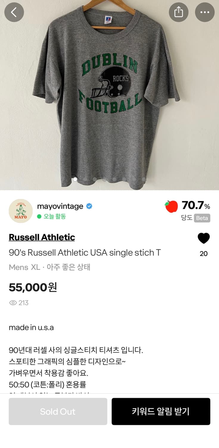 90's Russell Athletic USA single stich T 상품이미지4
