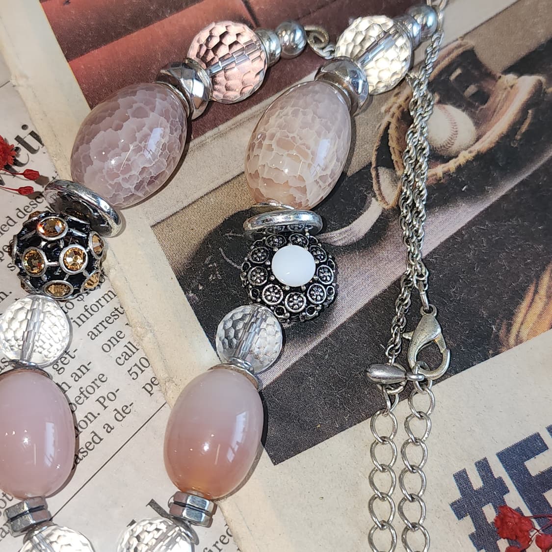 90s 프랑스 빈티지 에스닉 피치 원석 하트참 레이어드 목걸이 상품이미지4