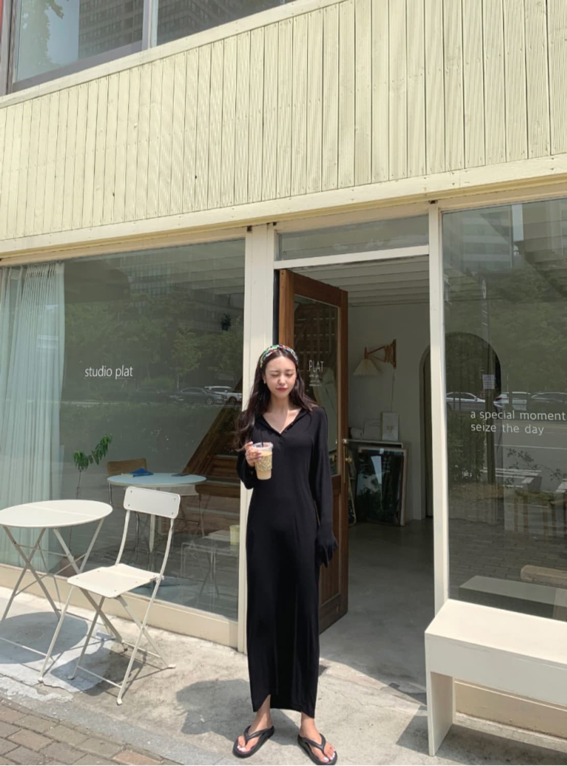 블랙 롱 후드원피스 상품이미지1