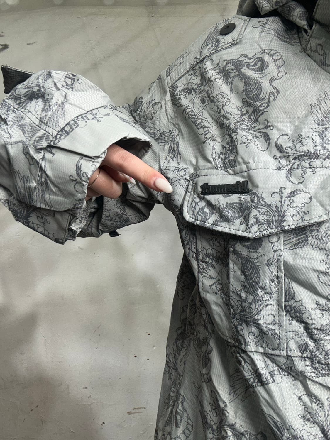 키스마크 일본 빈티지 그레이 패턴 오버핏 후드 바람막이 올드스쿨 점퍼 M 상품이미지4