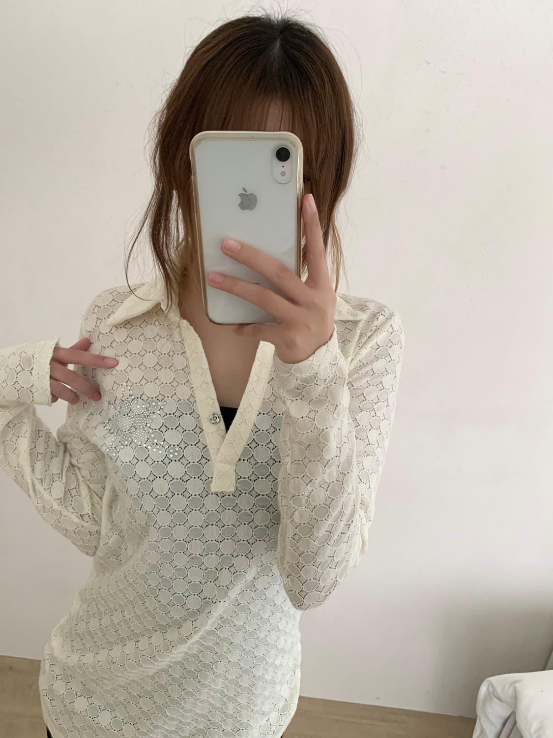 빈티지 아이보리 레이스 별 큐빅 시스루 블라우스 락시크 상품이미지7