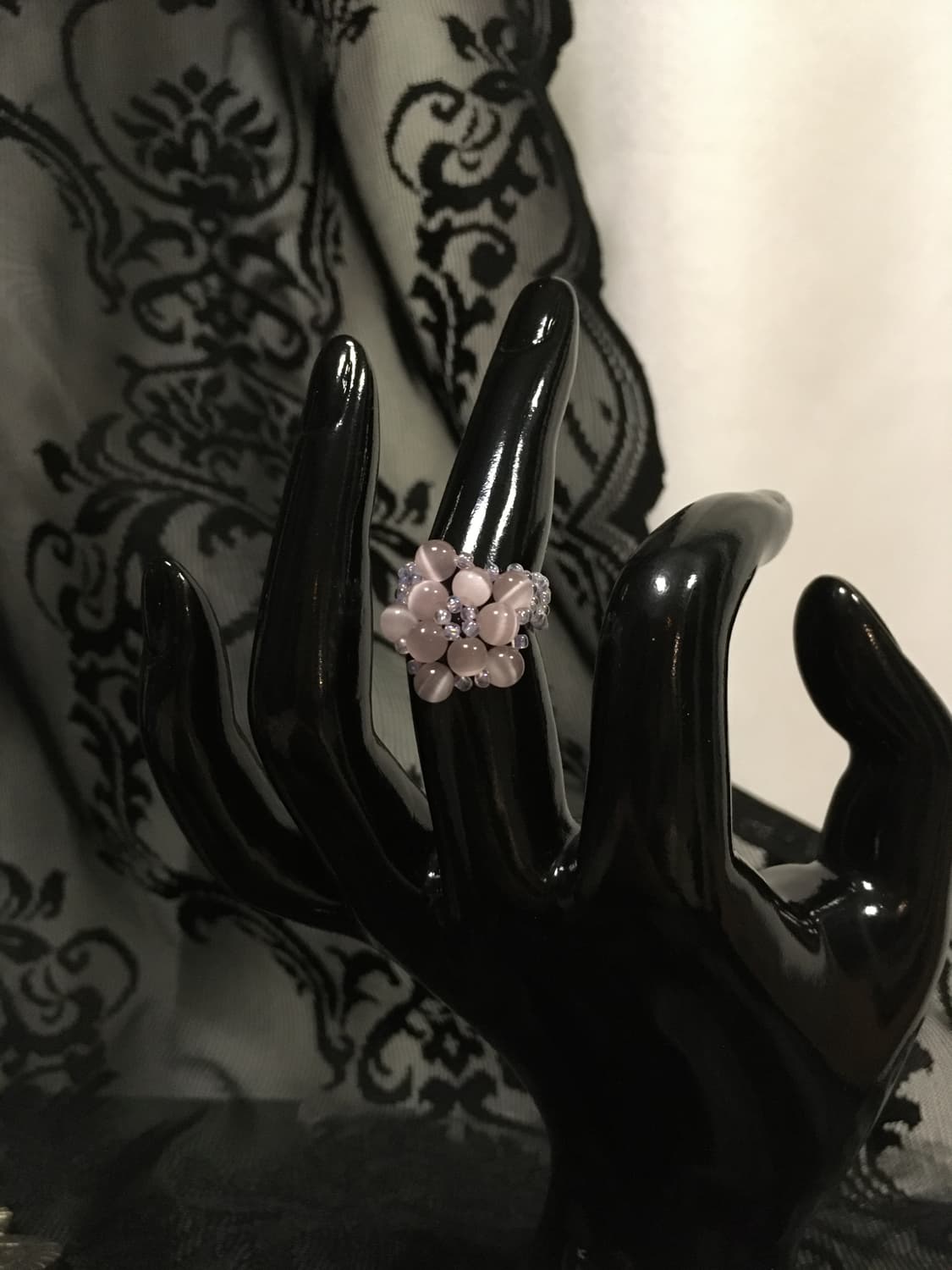 Vintage 스윙셋 캣츠아이 원석 비즈 퍼플 보라빛 꽃 링 반지 상품이미지2