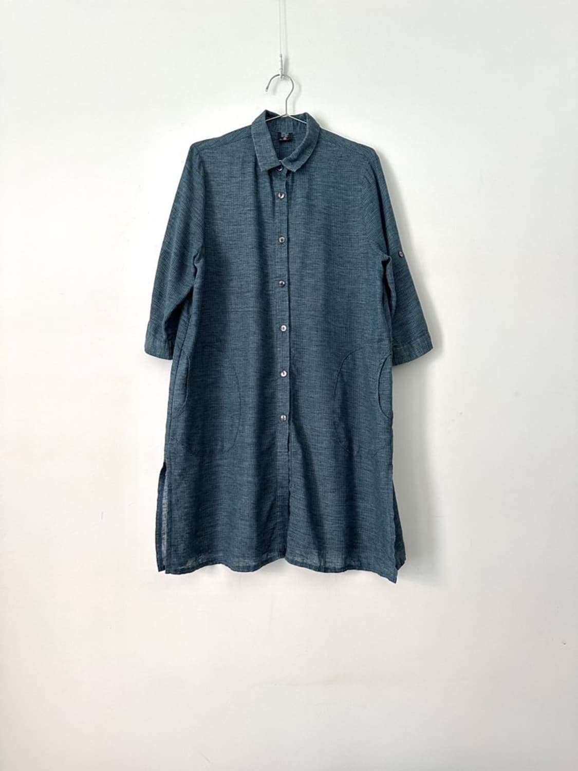 Check drop long shirt / teal 상품이미지1