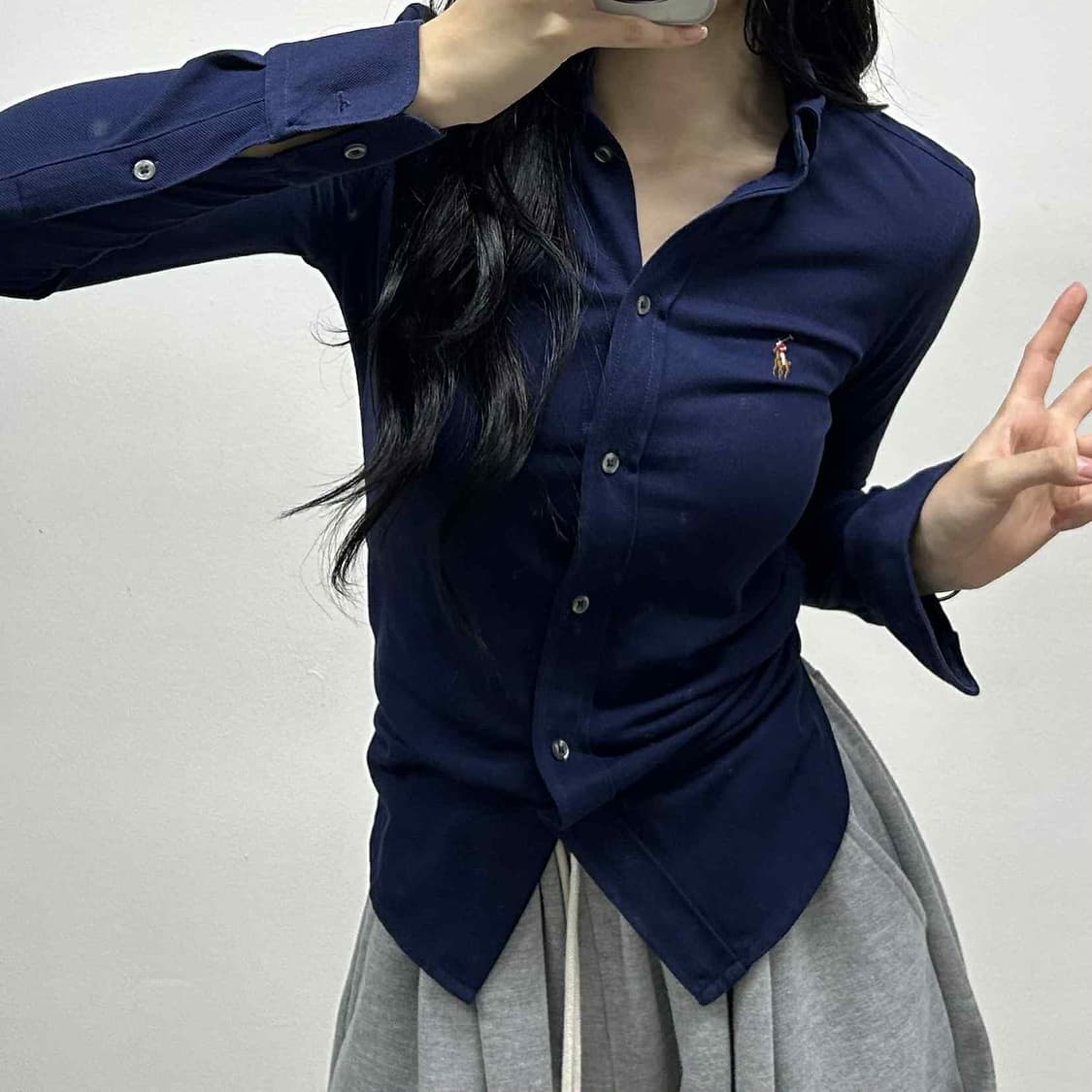 폴로 랄프로렌 네이비 니트 옥스포드 걸즈 셔츠(XS) 상품이미지1