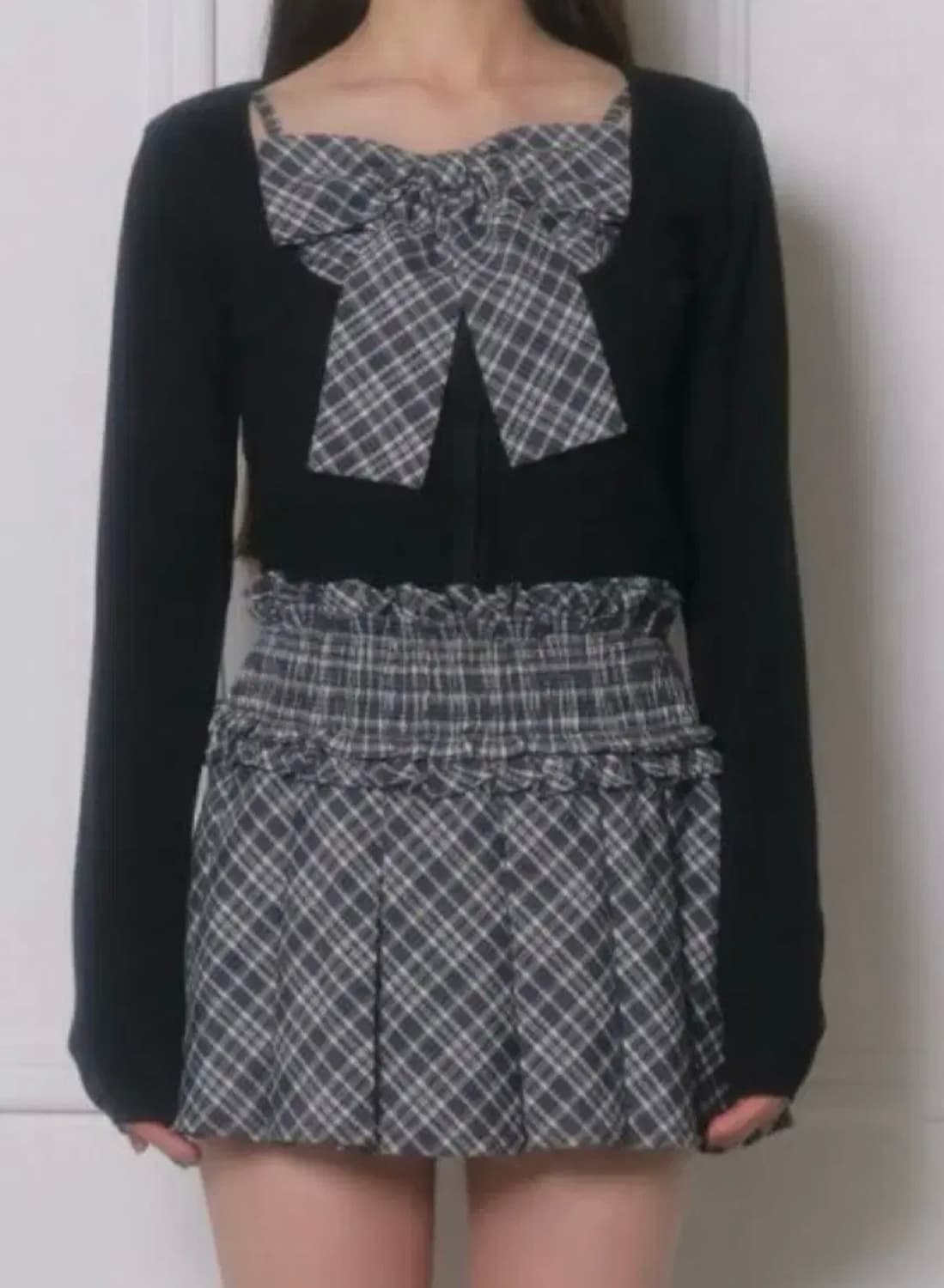 버블즈 BUBBLES 체크 리본 가디건 셋업 일본 갸루 상품이미지2