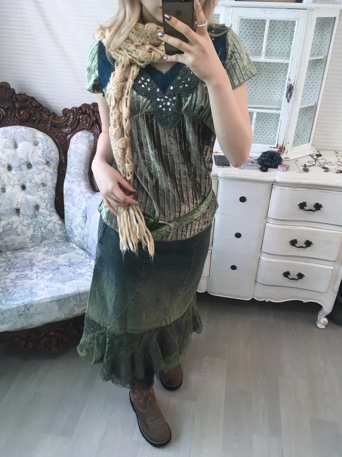 Set)오리엔탈 블라우스 + 페어리스커트 +벨트 + 머플러 상품이미지4