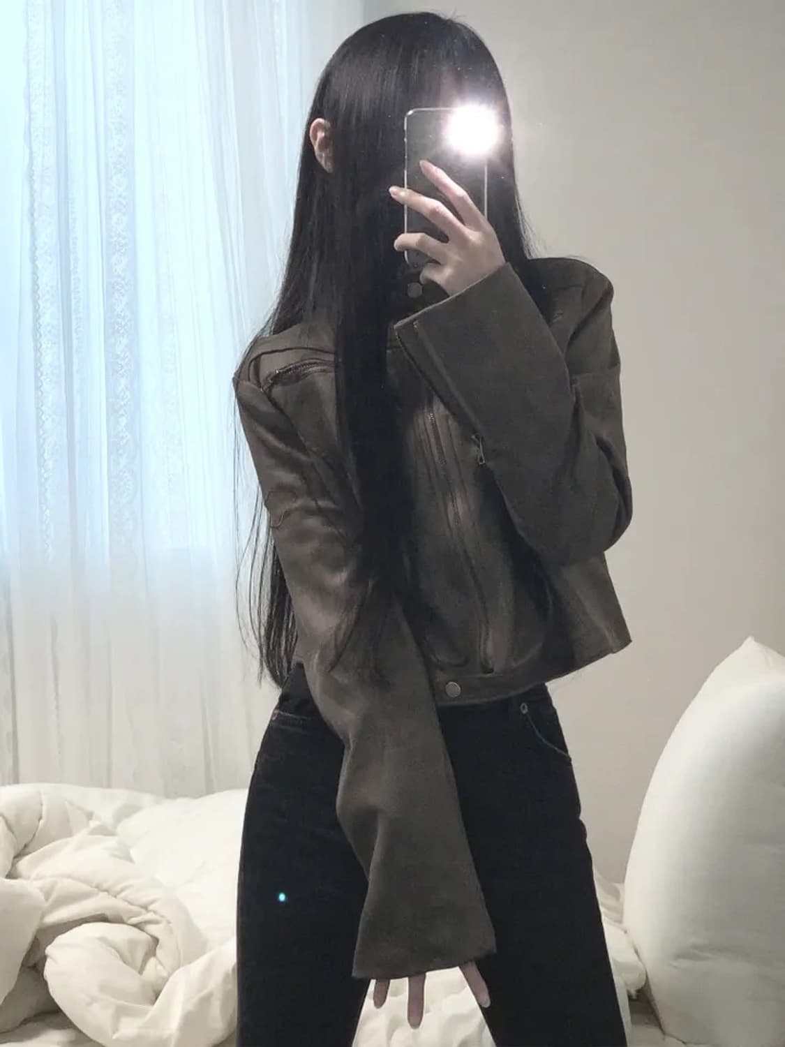 에이블리 징케 워싱 레더 스웨이드 크롭 라이더 자켓 브라운 상품이미지1