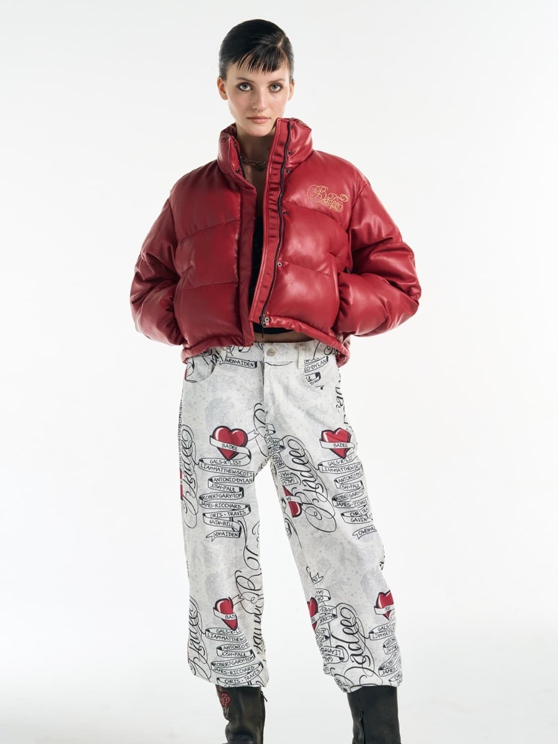 Badee 배디 빈티디 y2k 레더 셔링 자수 로고 크롭 패딩 점퍼 L 상품이미지4