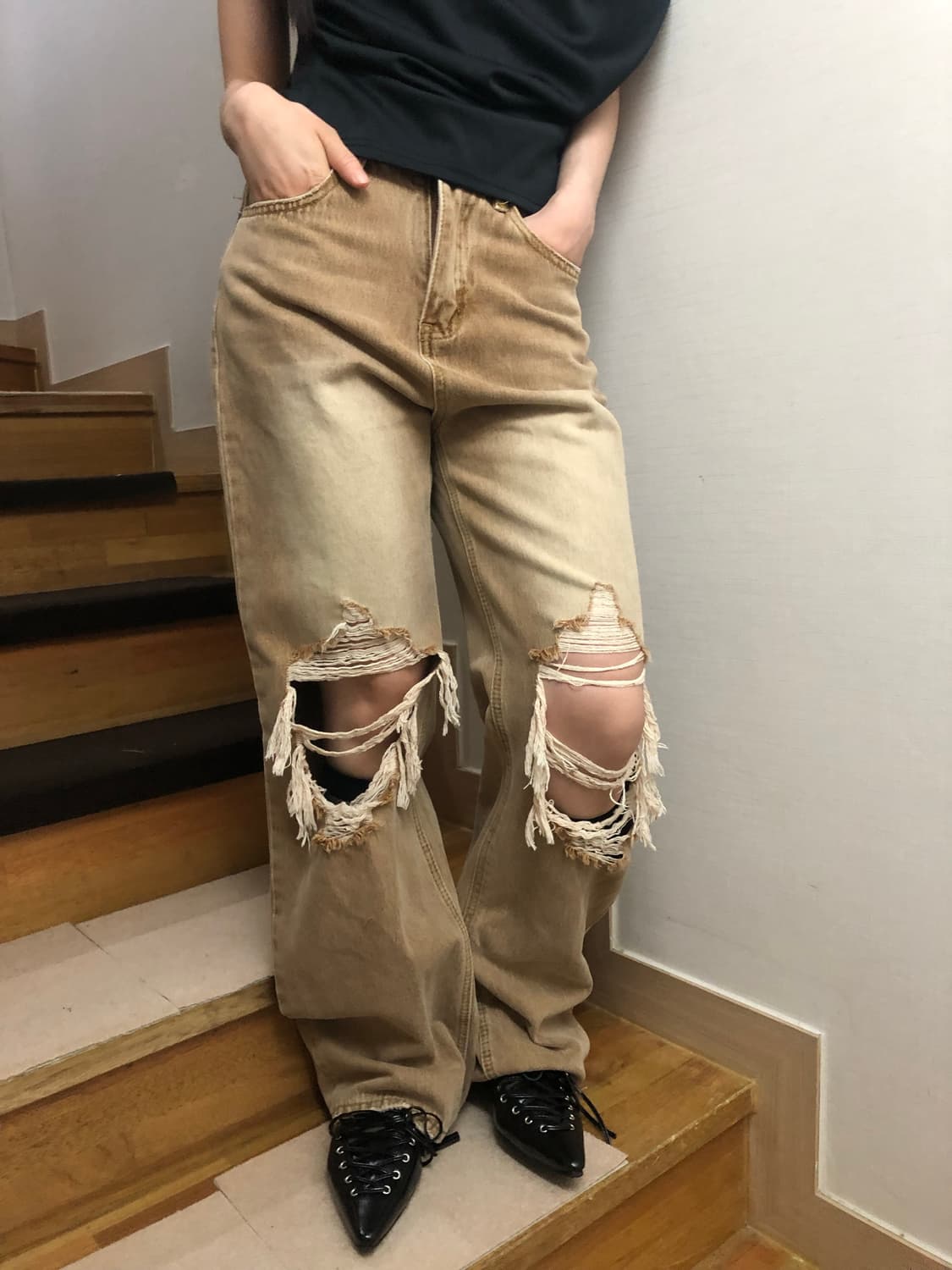 빈티지 브라운 데님 워싱 디스트로이드 진 상품이미지2