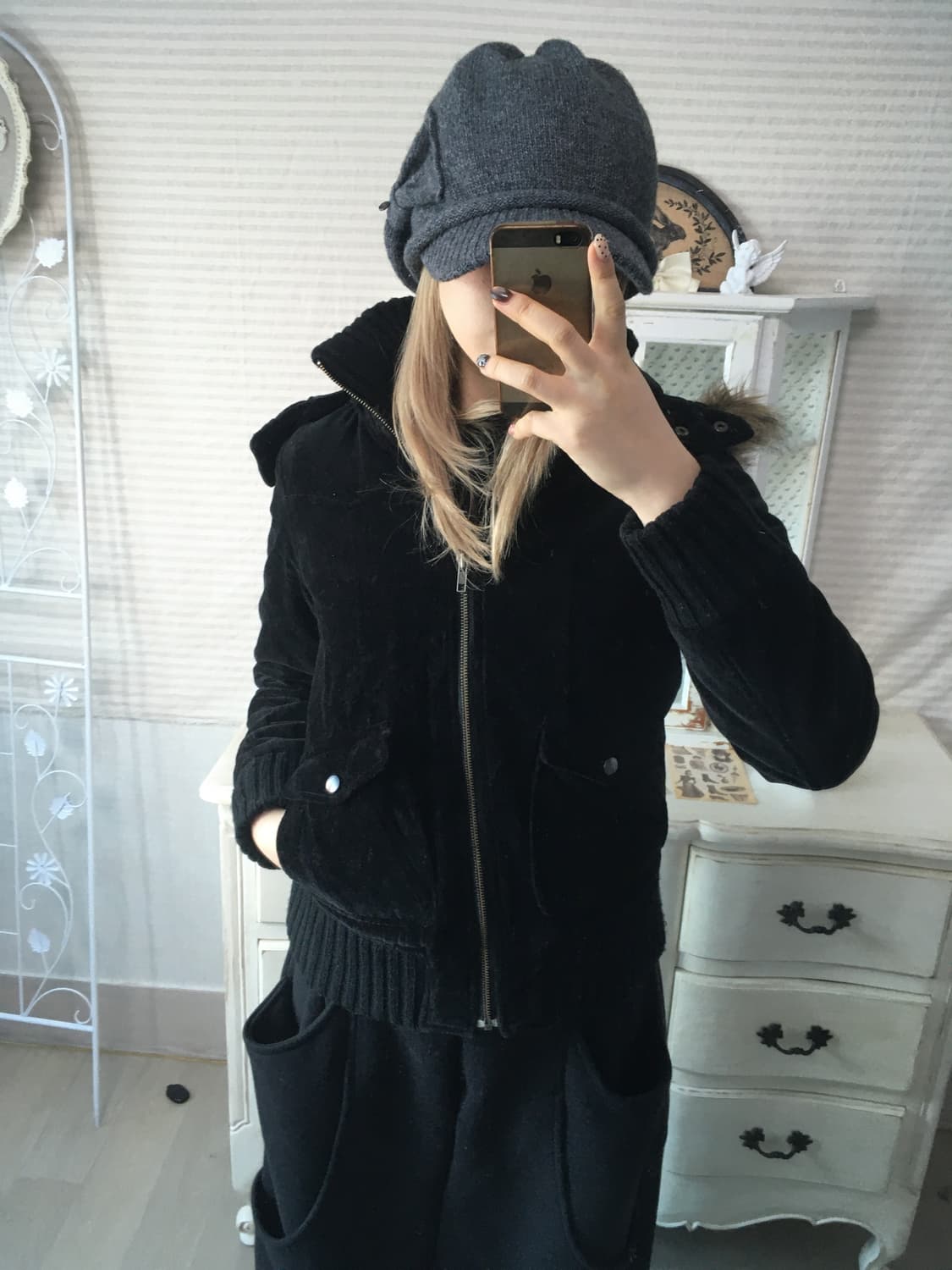 Y2K 블랙 벨루아 펑크 퍼 후드 블루종 상품이미지4