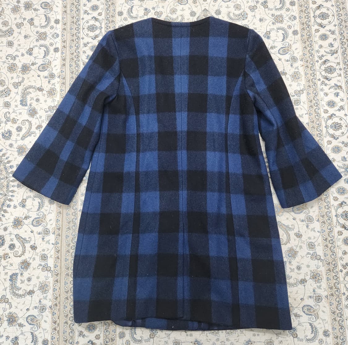 베네통 블루 블랙 체크 하프 코트 42 상품이미지4