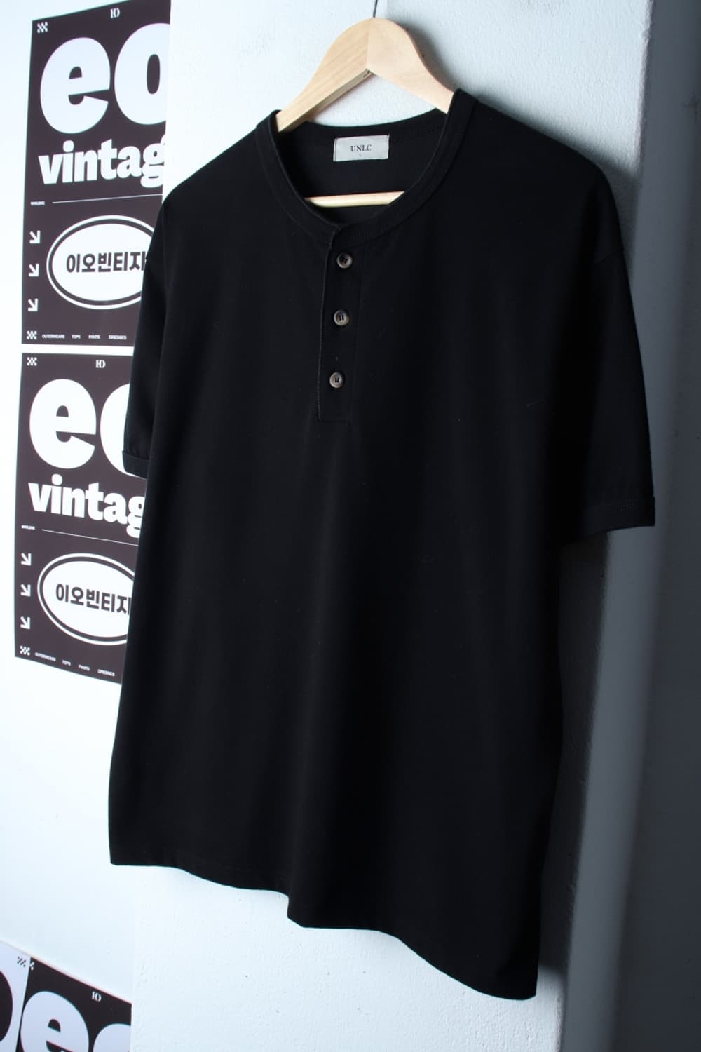 (L-XL) 반팔 티셔츠 헨리넥 무지 블랙 놈코어-H32139 상품이미지1
