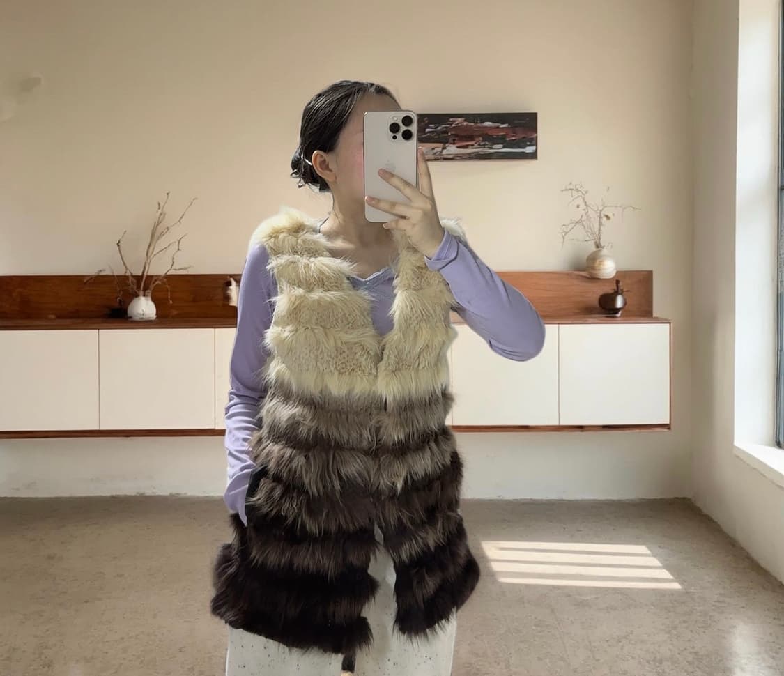 빈티지 베이지 브라운 배색 라쿤퍼 차졸 조끼 베스트 상품이미지1