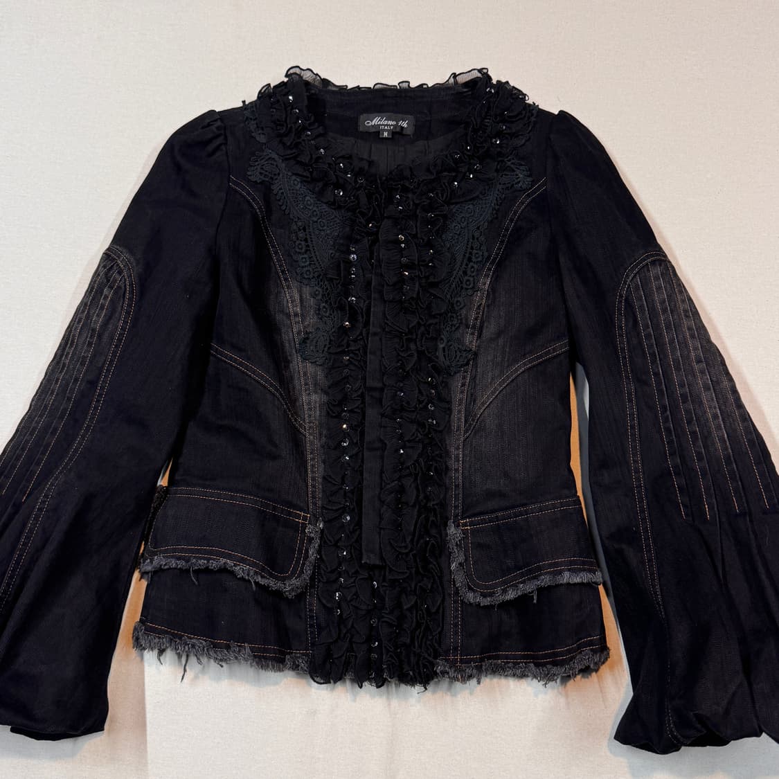 M) Milano 1th 프릴 & 레이스 디테일 벨슬리브 데님 자켓 상품이미지2