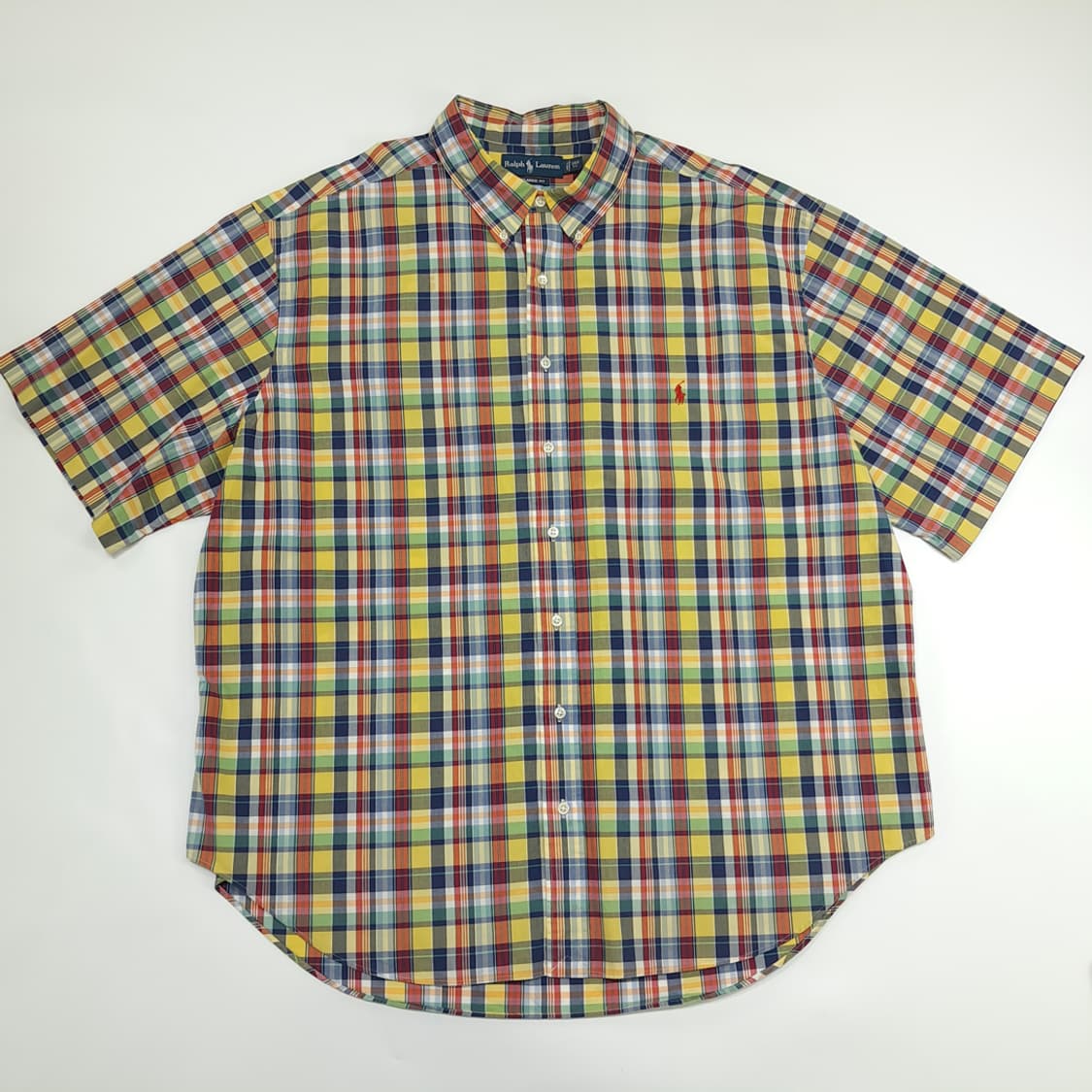 Co518 3XL Big 폴로 랄프로렌 엘로우네이비 매드라스 반팔 셔츠 상품이미지1