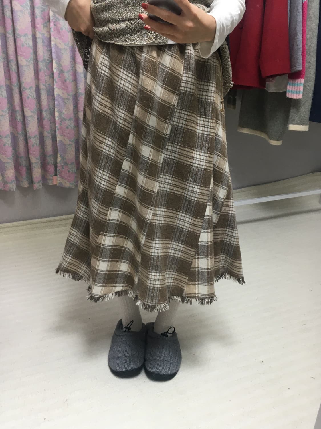 베이지 체크 울 스커트 상품이미지3