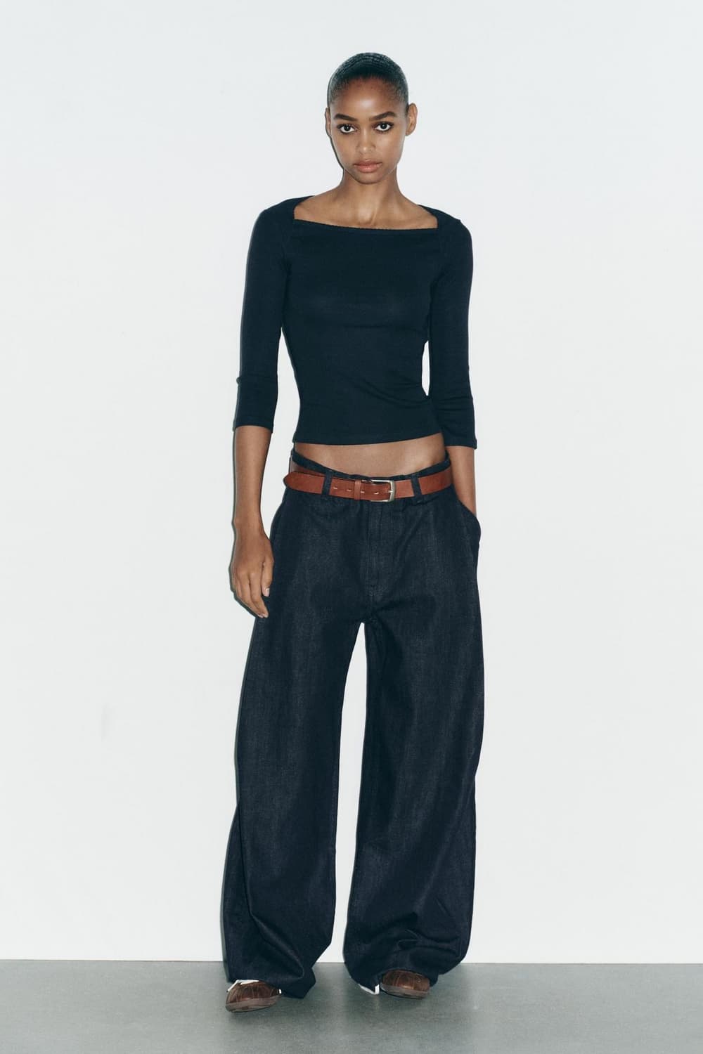 ZARA 자라 모달코튼 스퀘어넥 긴팔 티셔츠 네이비  상품이미지4