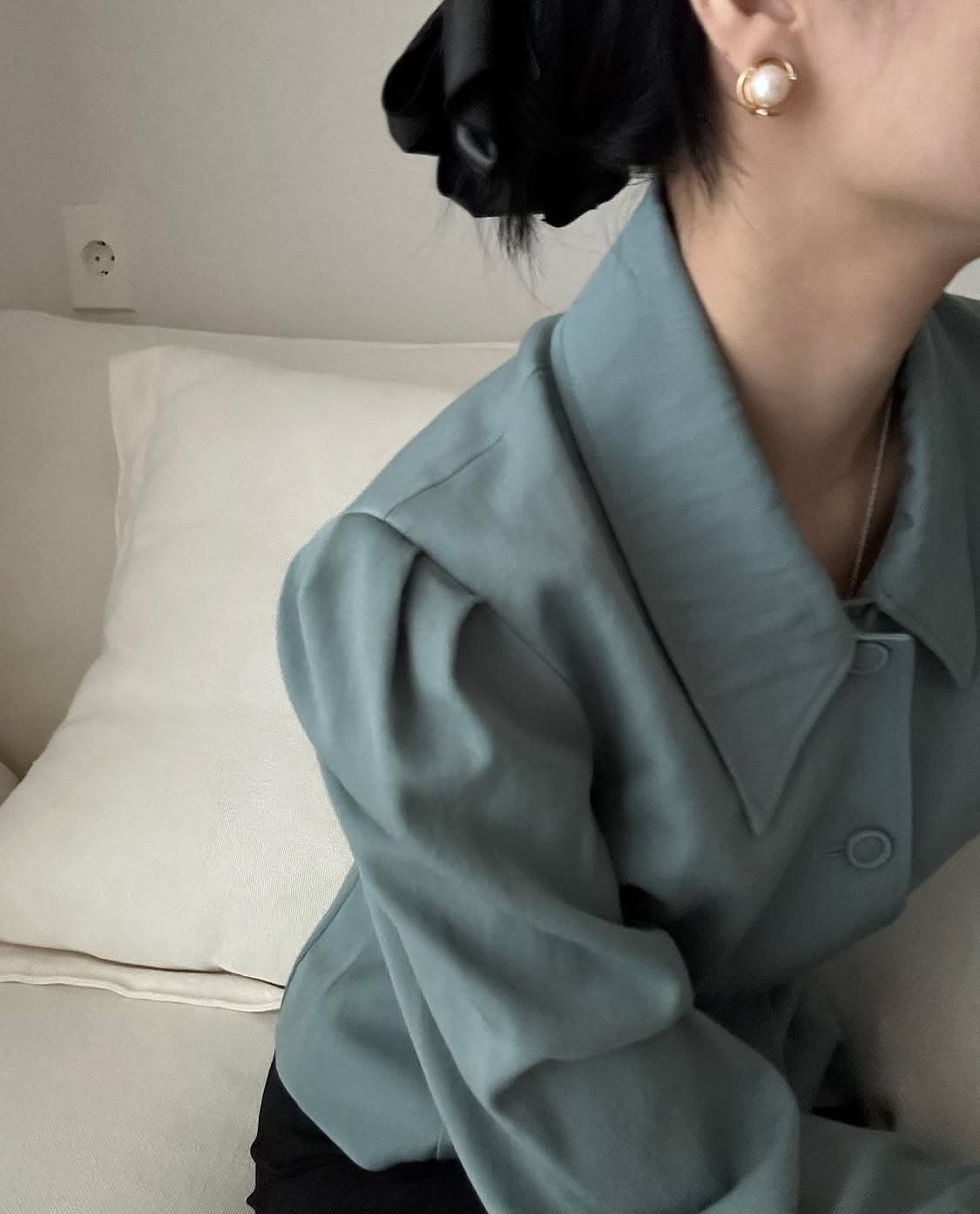 빈티지 ) 딥민트 퍼프 울 블라우스 상품이미지1