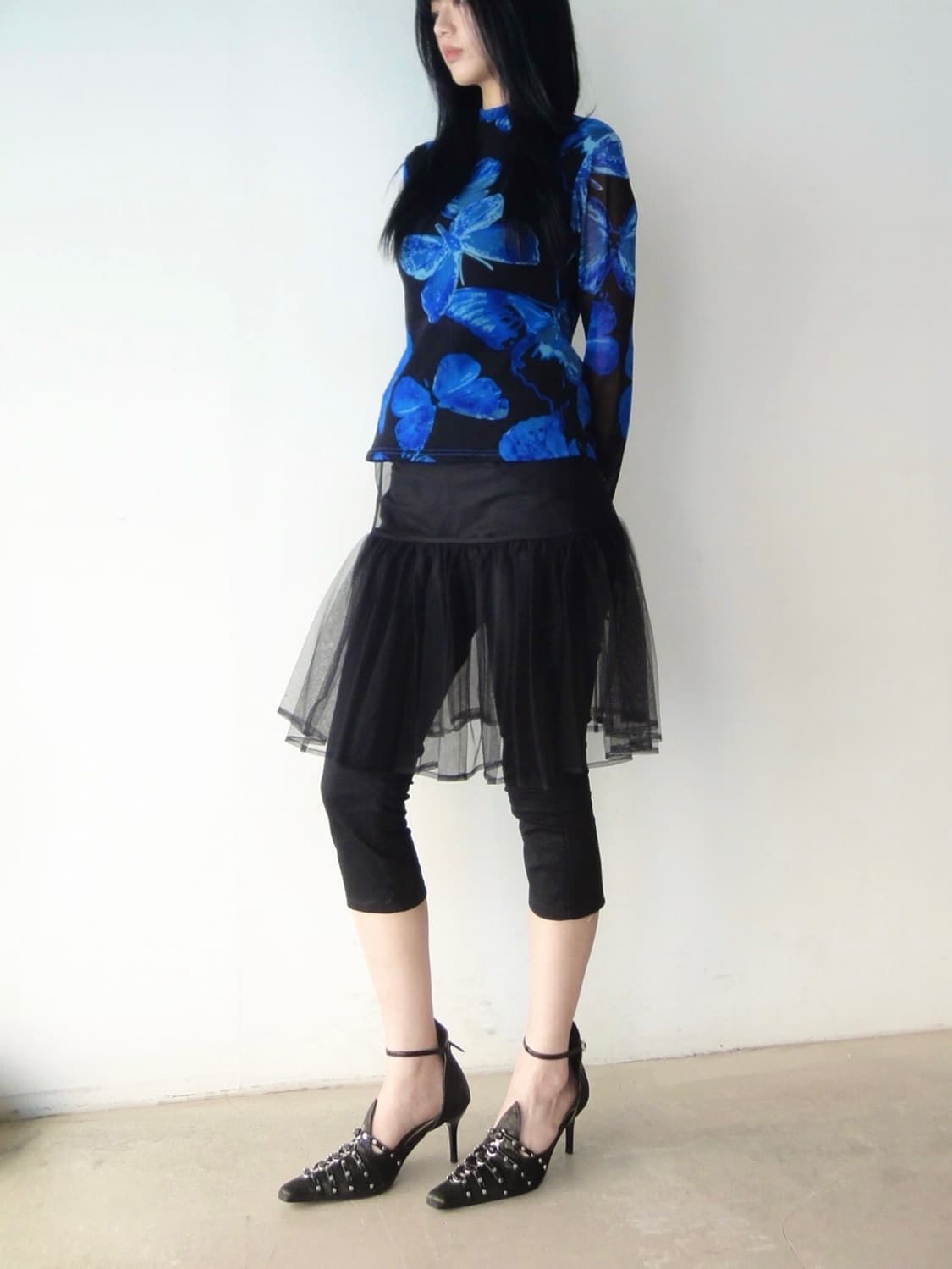 Big butterfly print top / blue & black 상품이미지5