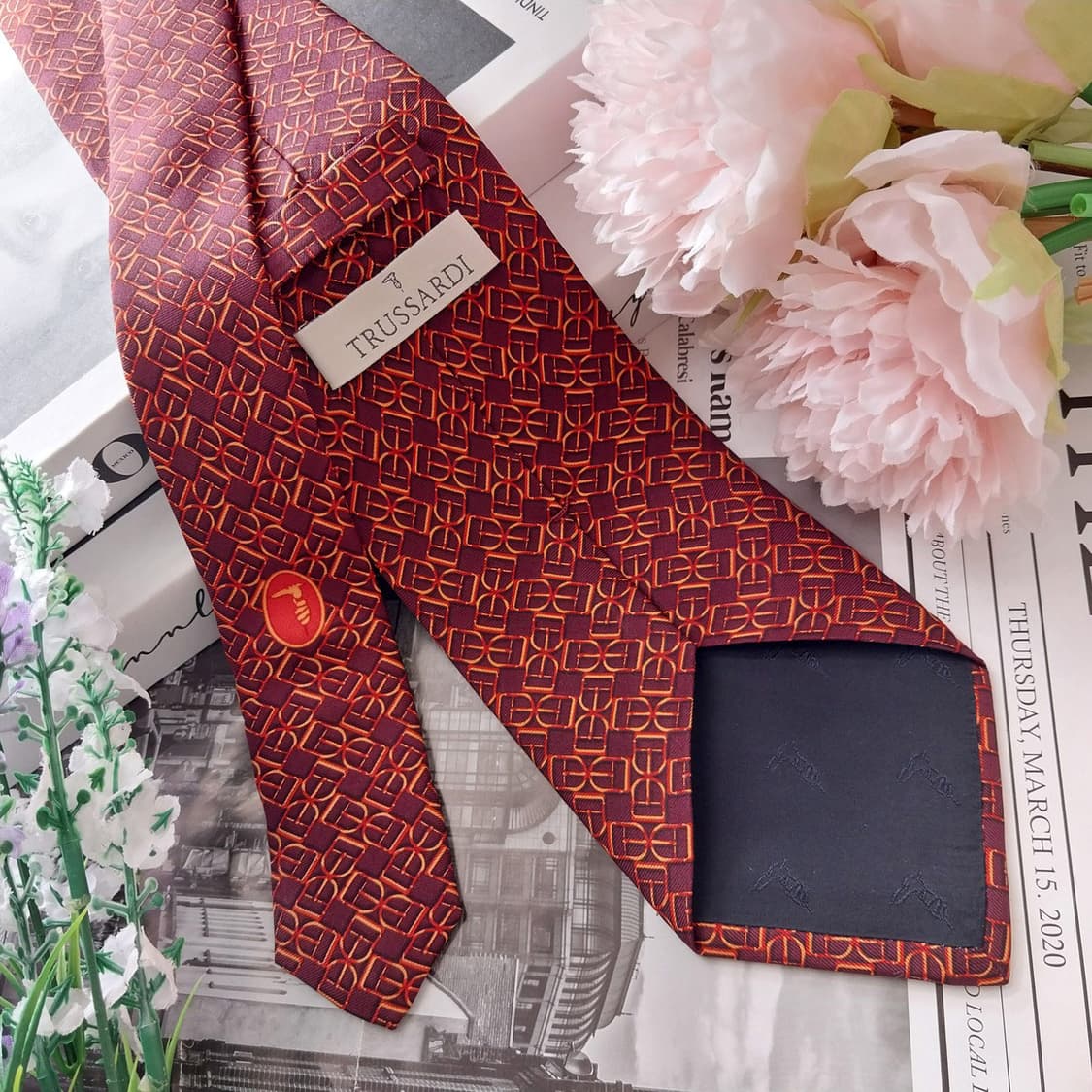 트루사르디 실크 와인 오렌지 로고 패턴 넥타이 9cm A+등급 K1308 상품이미지4