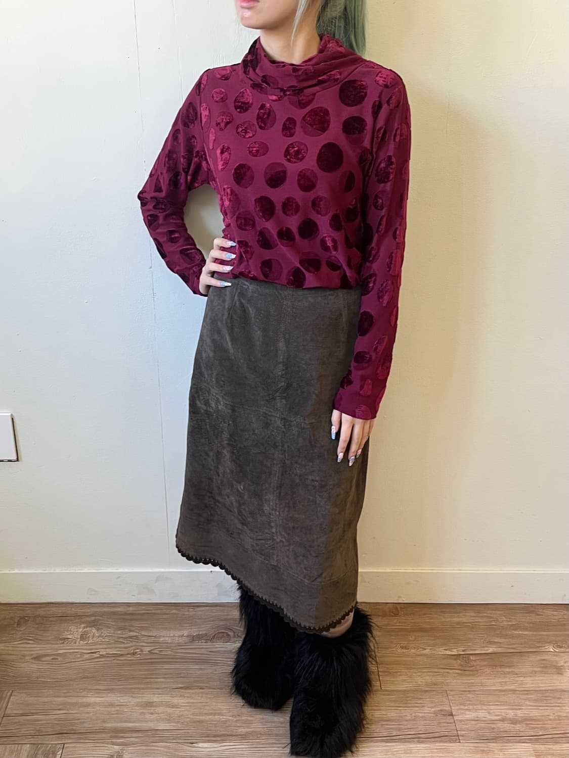 japan vtg 도트 로즈벨벳 터틀넥 상품이미지5