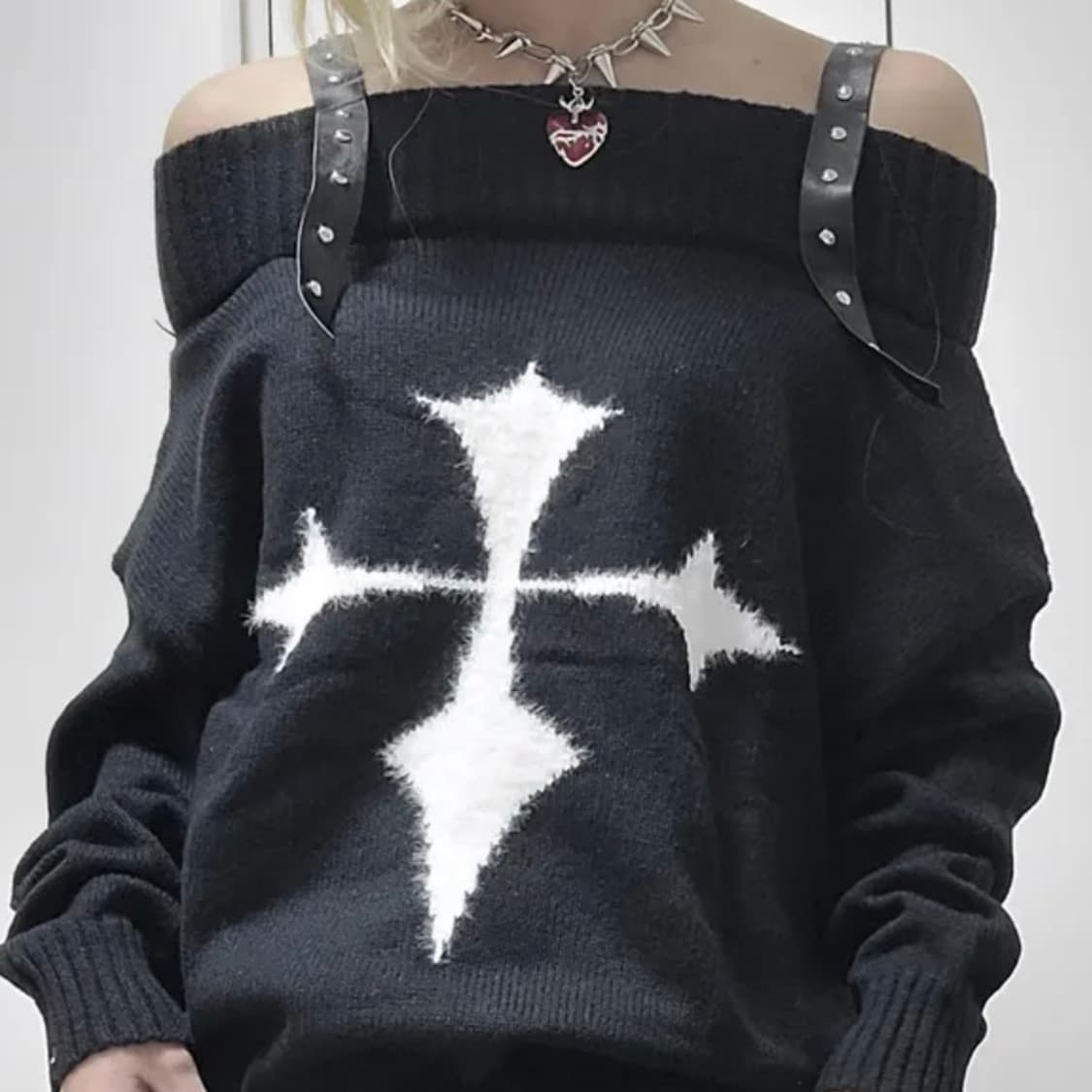 갸루 펑크 니트 오프숄더 상품이미지1