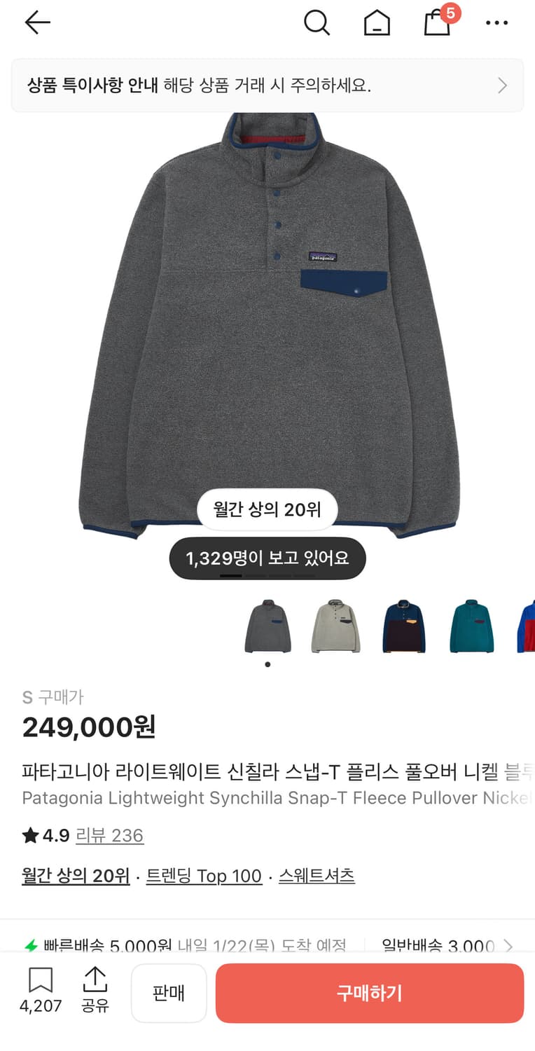 파타고니아 신칠라 스냅-T 플리스 풀오버 니켈 블루 S 상품이미지2