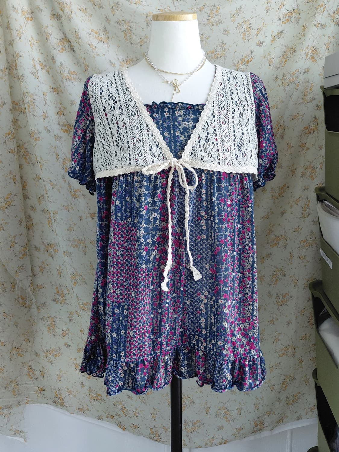 [일본빈티지] 꽃무늬 원피스 + 레이스 숄 세트 상품이미지1