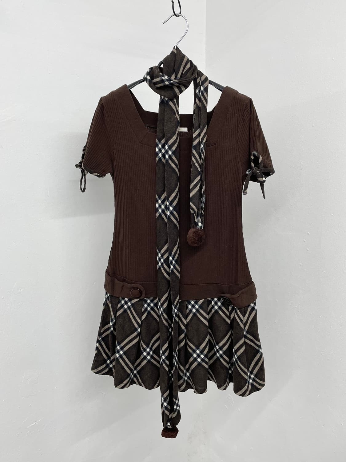 라떼갸루 체크 플리츠 원피스 머플러 세트*레어 상품이미지8