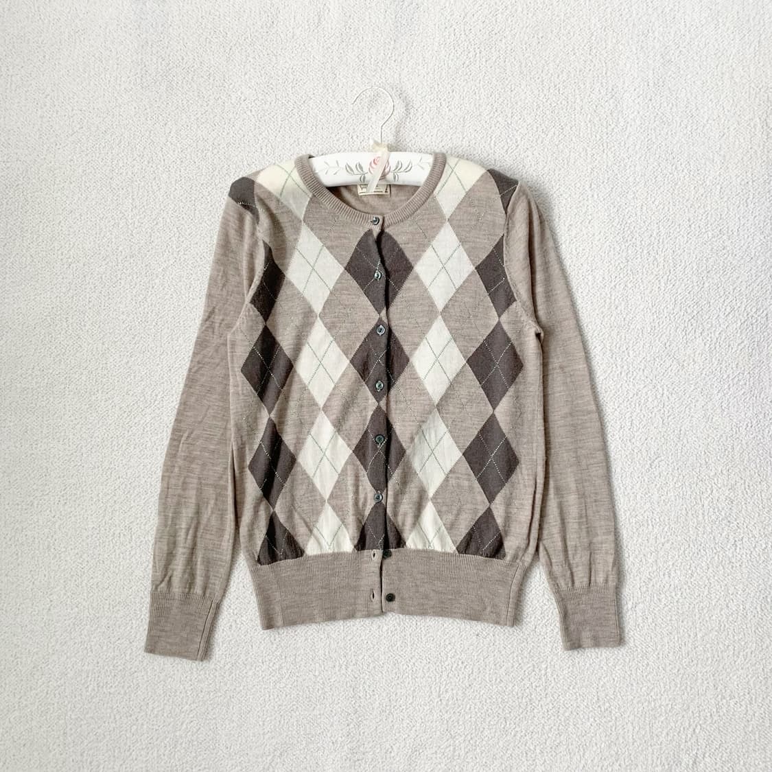 뮤트브라운 메리노울 아가일 니트 가디건 상품이미지1