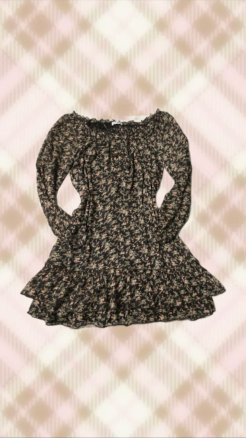 브라운 플로럴 오프숄더 캉캉 원피스 라떼 히메 갸루 러블리 로걀 빈티지 상품이미지1