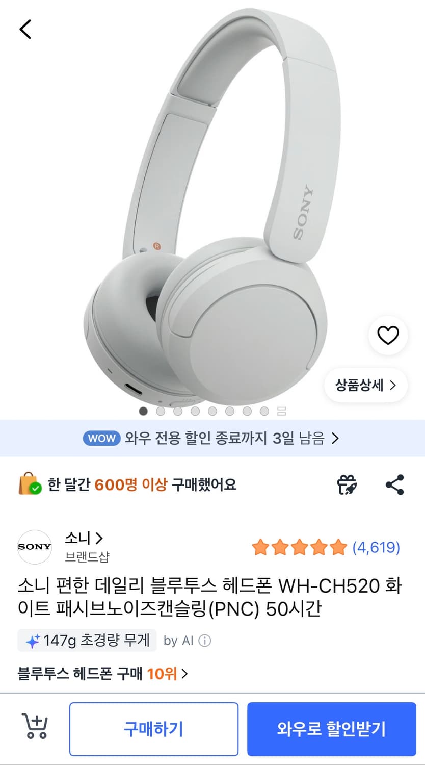소니 무선헤드셋 WH-CH520 상품이미지4