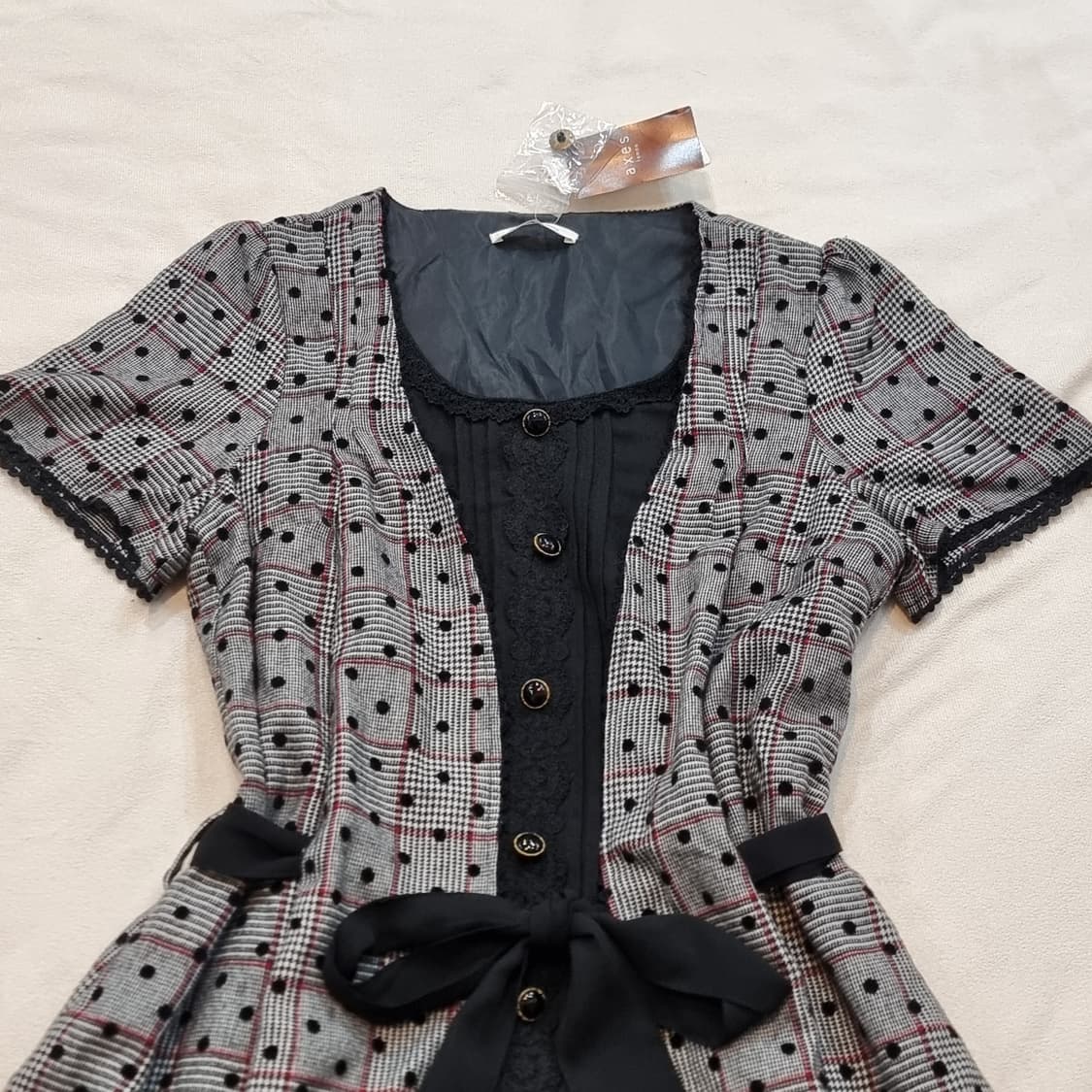 체크 플리츠 리본  원피스 상품이미지3