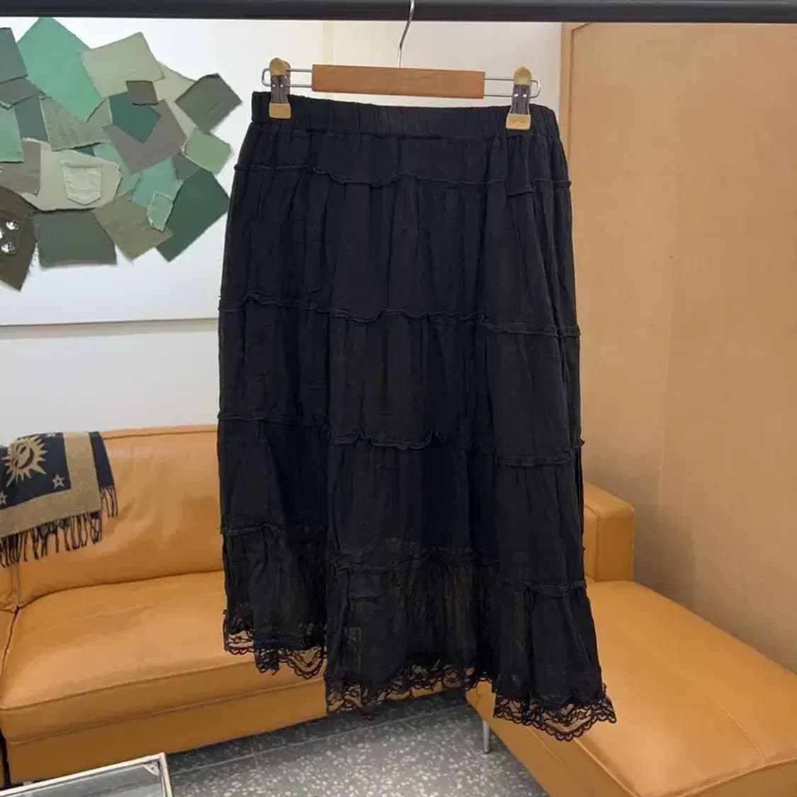 빈티지 블랙 밴딩 레이스 미디스커트 치마 L C04515 상품이미지2