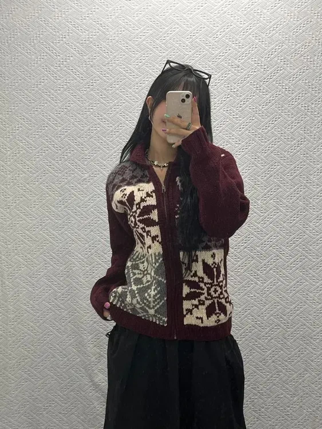 챔스 스노우 플레이크 버건디 니트 집업 가디건 L C06648 상품이미지1