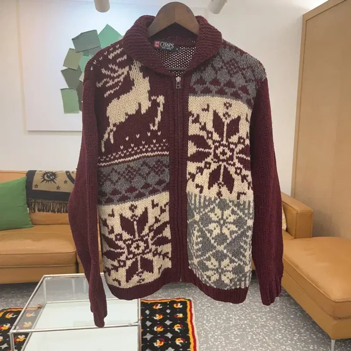 챔스 스노우 플레이크 버건디 니트 집업 가디건 L C06648 상품이미지3