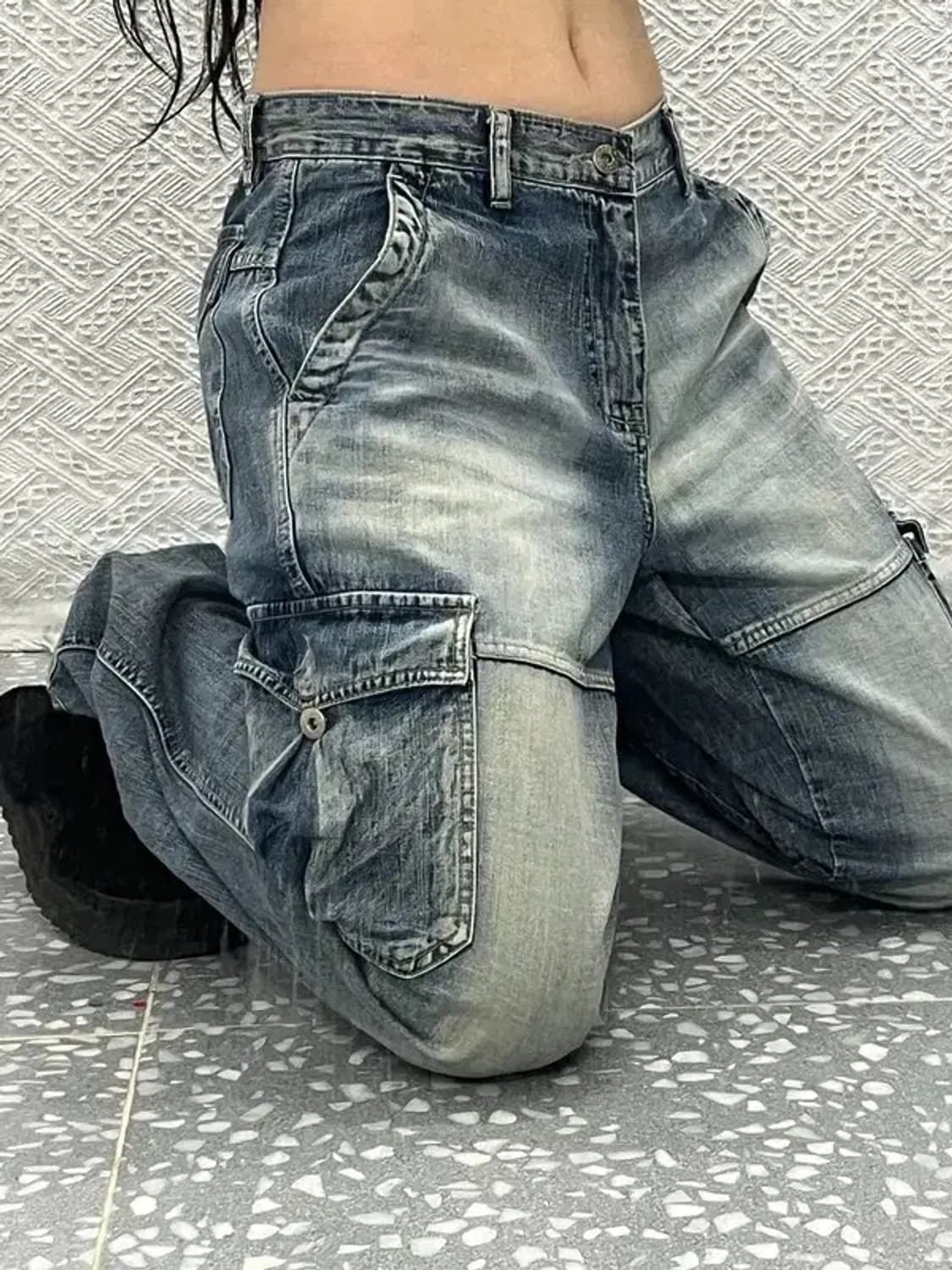 빈티지 올드스쿨 워싱 와이드 멀티포켓 카고 데님팬츠 30인치 C06671 상품이미지2