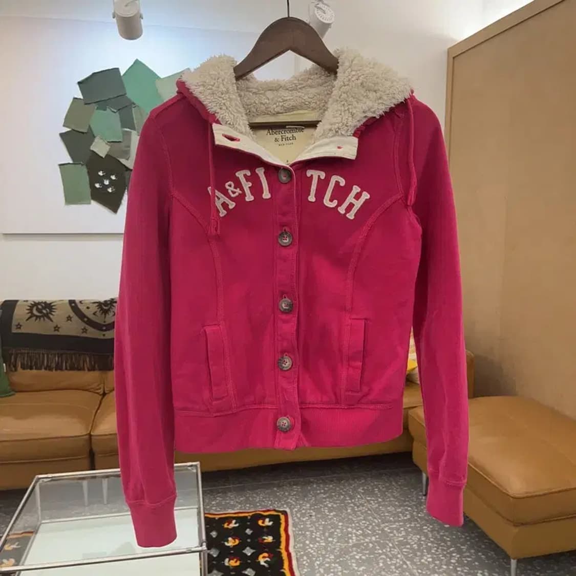 아베크롬비 대장급 90's Y2K 딥핑크 양털 후드 자켓 M C06691 상품이미지3