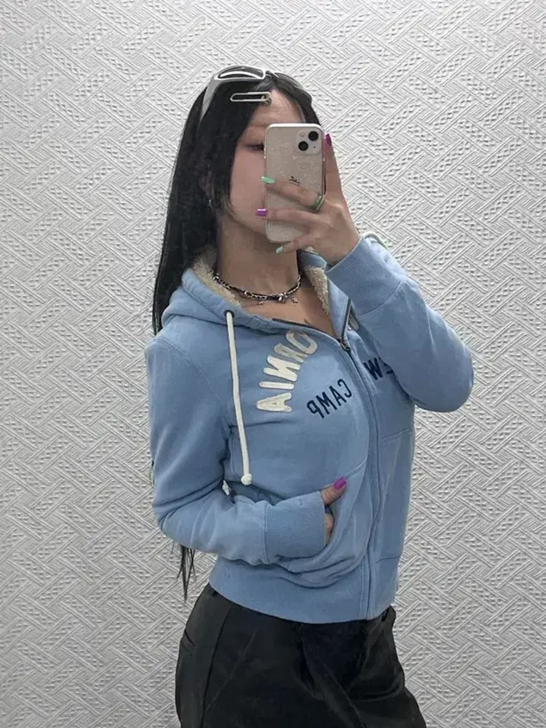 후아유 Y2K 여리 파스텔 블루 폭닥 양털 후드집업 S C06859 상품이미지1