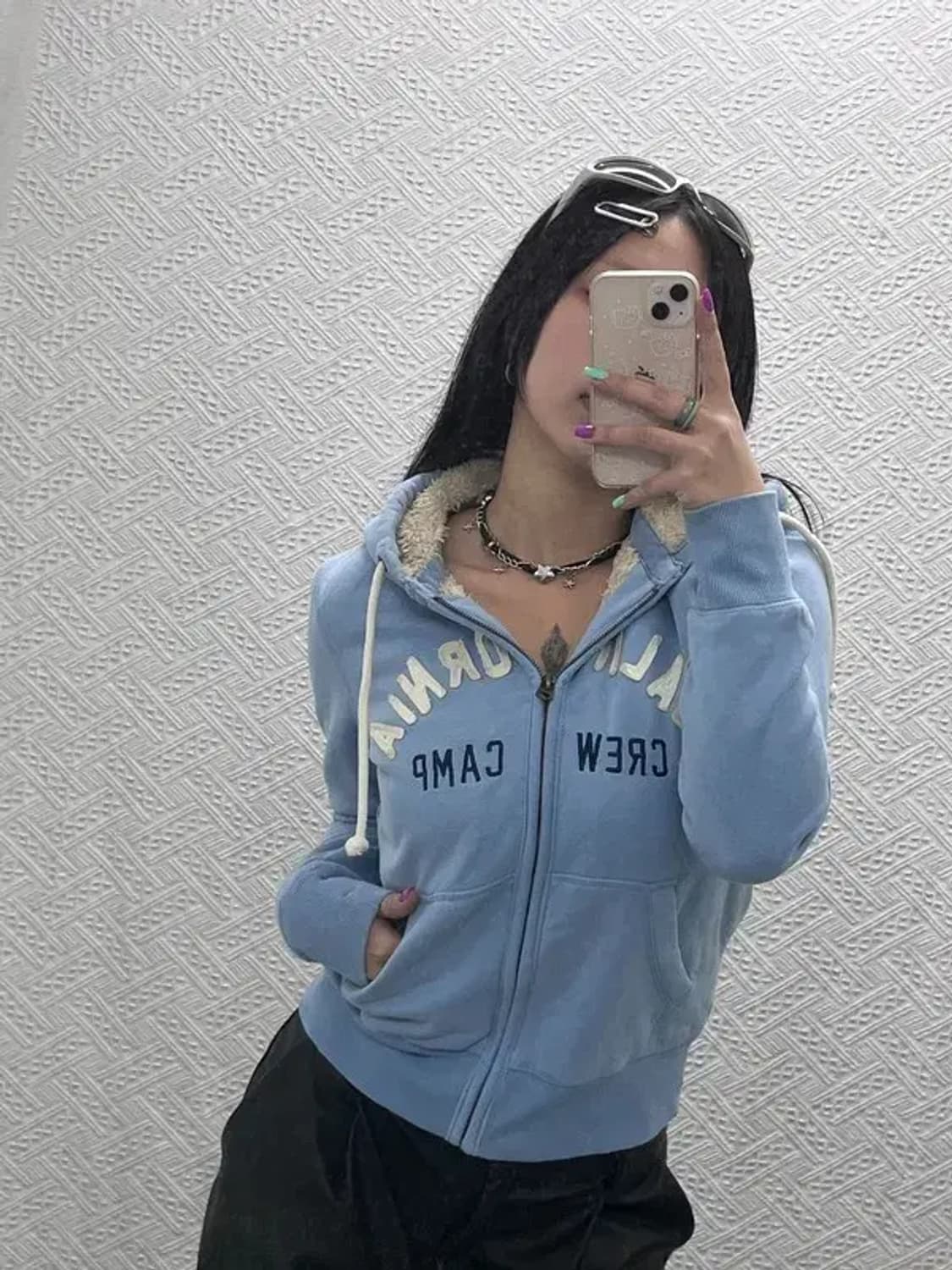 후아유 Y2K 여리 파스텔 블루 폭닥 양털 후드집업 S C06859 상품이미지2