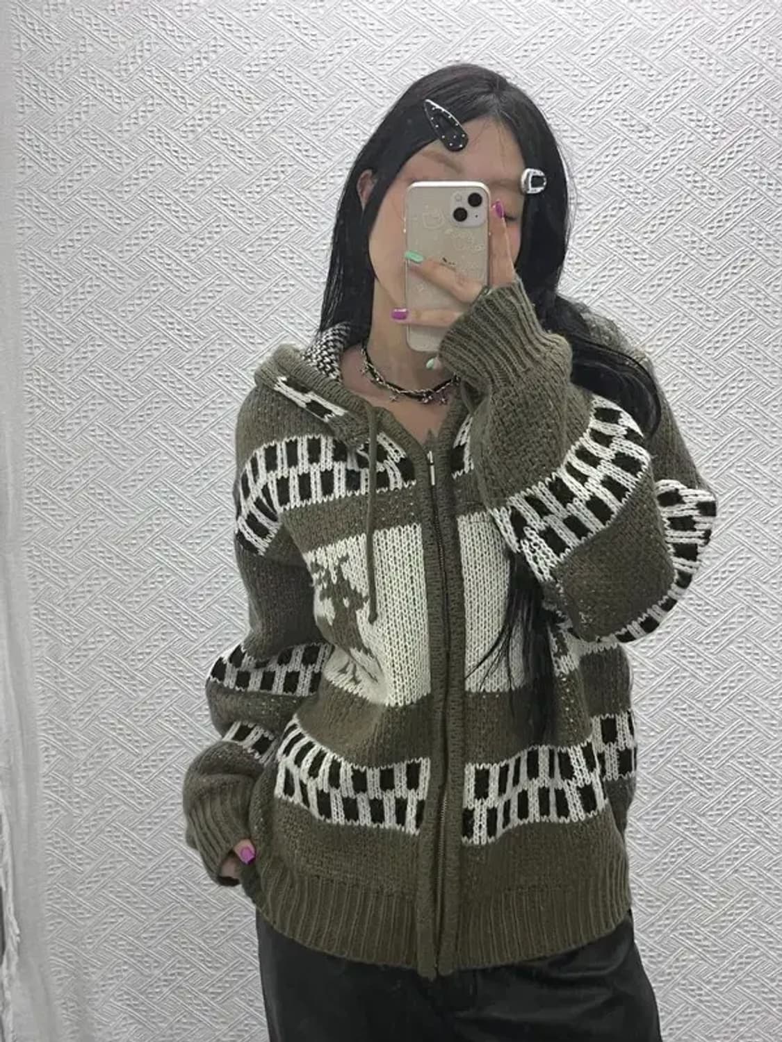 빈티지 폭닥 노르딕 패턴 올리브 카키 가디건 L C07004 상품이미지1
