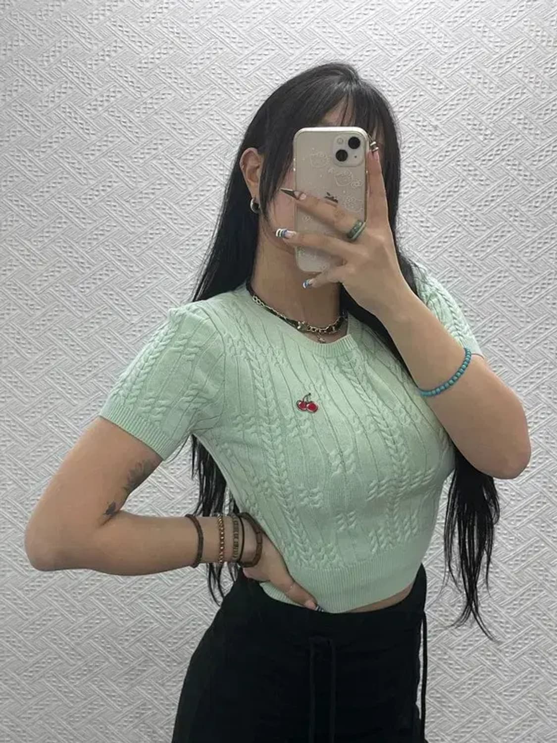 키르시 키치 체리로고 피스타치오 그린 반팔 니트 1 C07604 상품이미지1