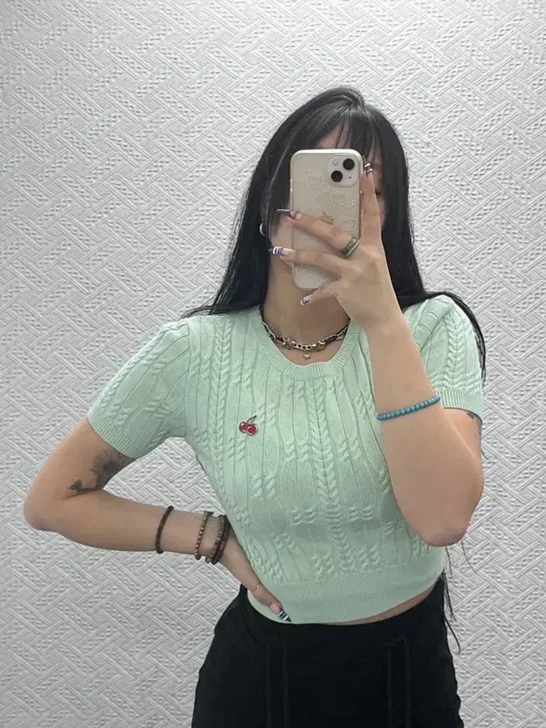 키르시 키치 체리로고 피스타치오 그린 반팔 니트 1 C07604 상품이미지2