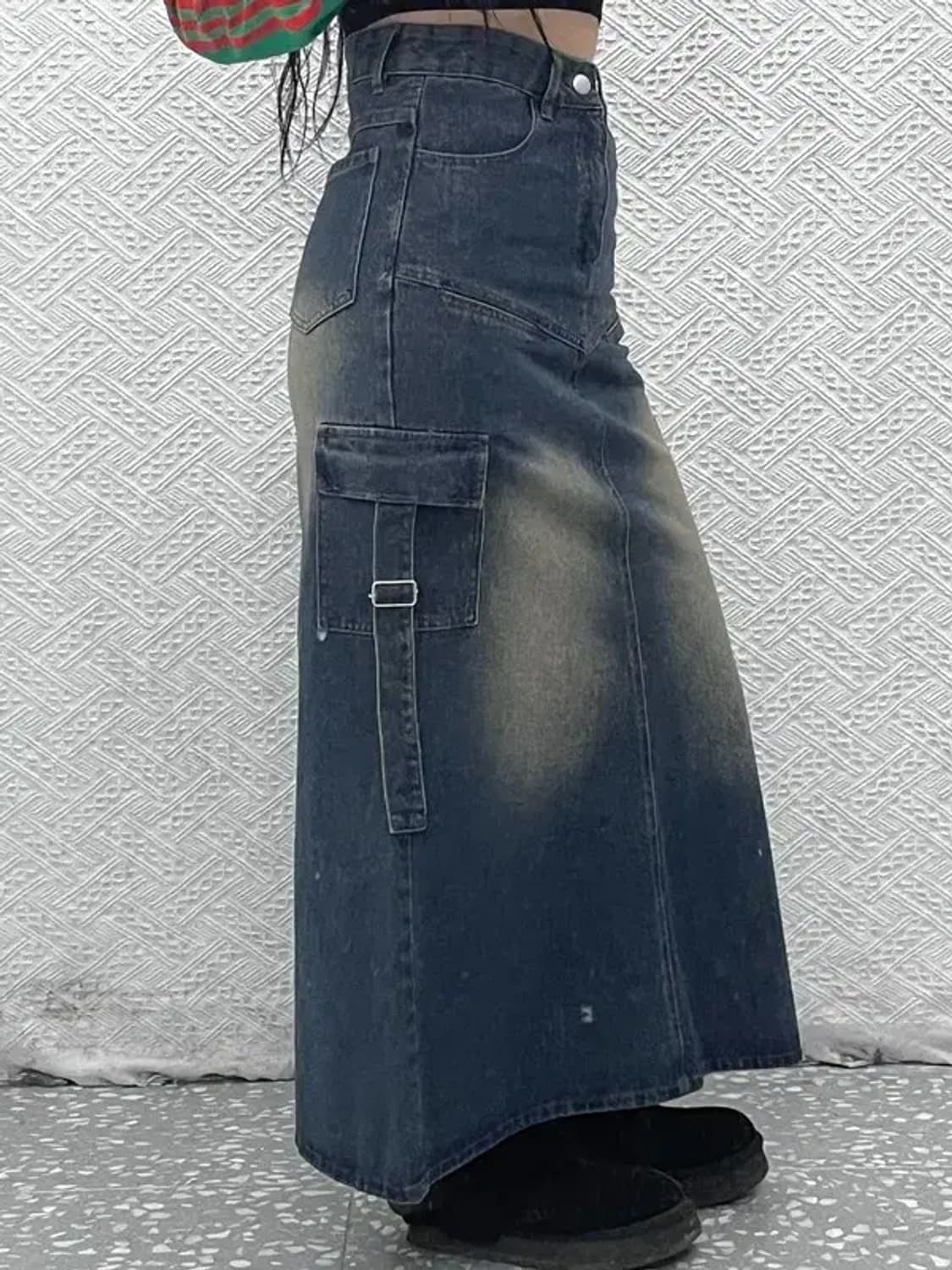 빈티지 올드스쿨 워싱 카고 데님 청치마 롱스커트 M C07869 상품이미지2